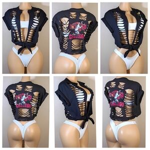 Edgy Black Chicago Bulls Custom Graphic Tie-Front Crop Top